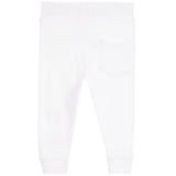 White children's jogger pants with a back pocket, ribbed ankle cuffs, and a wide elastic waistband, shown flat on a white background.