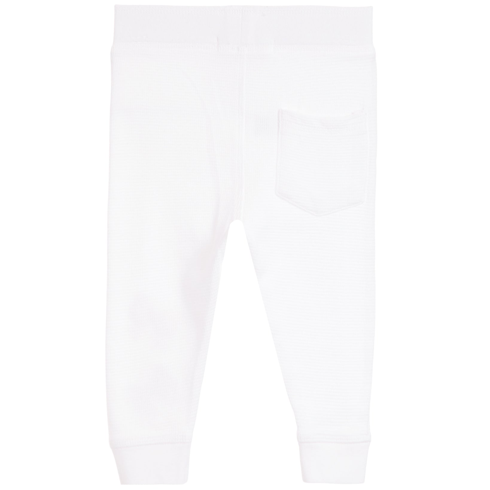 White children's jogger pants with a back pocket, ribbed ankle cuffs, and a wide elastic waistband, shown flat on a white background.
