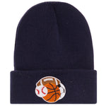 A navy blue knit beanie with a folded cuff featuring an embroidered patch of sports balls including a football, basketball, baseball, and soccer.