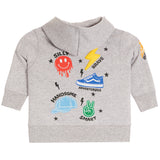A light heather gray hooded sweatshirt for toddlers, featuring colorful graphic prints on the front including a red smiley face, yellow lightning bolt, blue sneaker, light blue cap, green peace sign, and black text.