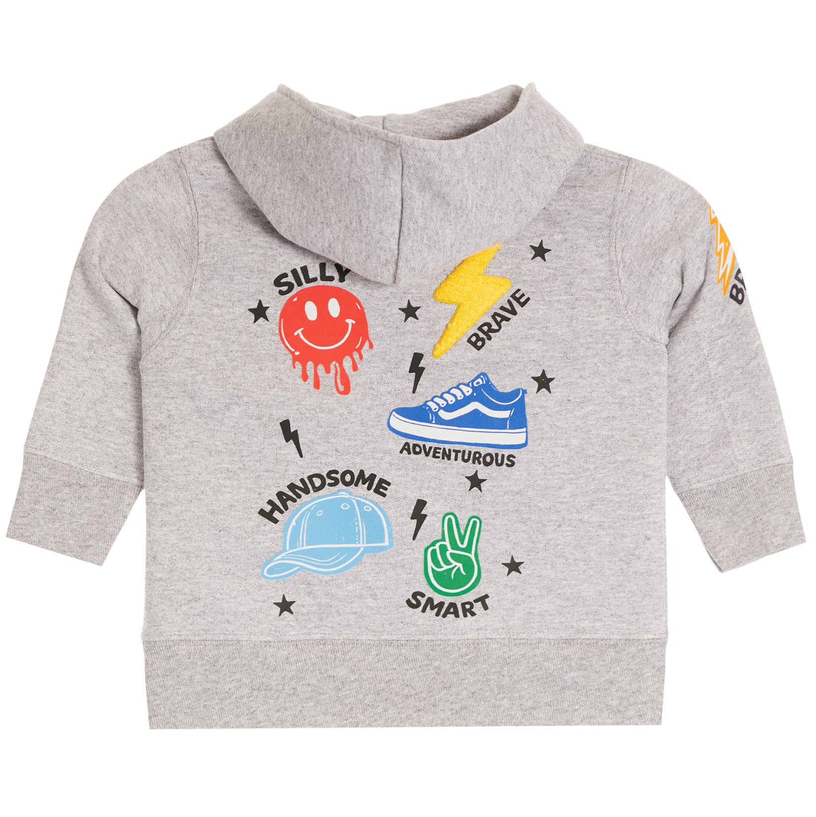 A light heather gray hooded sweatshirt for toddlers, featuring colorful graphic prints on the front including a red smiley face, yellow lightning bolt, blue sneaker, light blue cap, green peace sign, and black text.