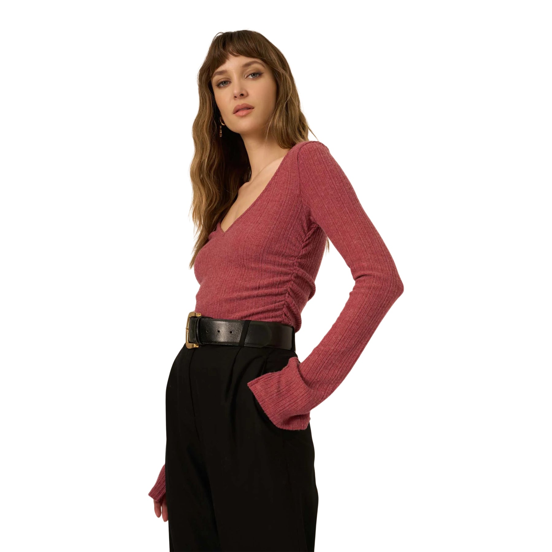 Opal Ruched Side RIbbed V-Neck Shirt - Denny's