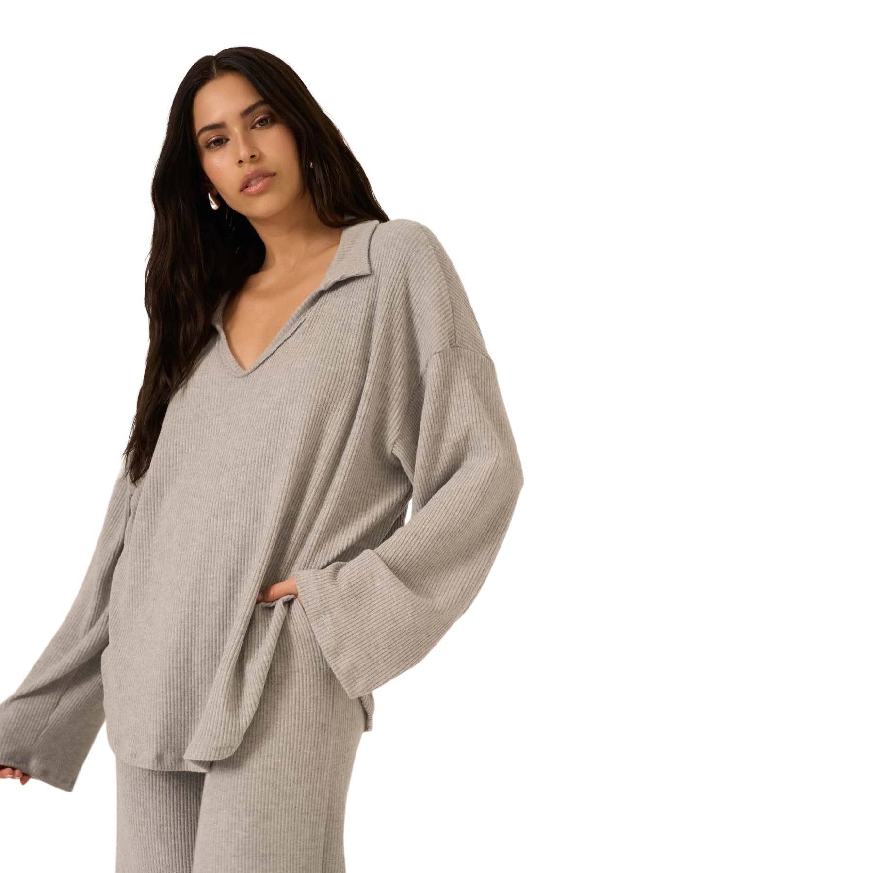 Zoey Brushed Rib Collared Long Sleeve Top - Denny's