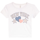 A white short-sleeve kids' t-shirt featuring a 'NEW YORK' graphic on the front with three hearts and stars in light blue, pink, and white.