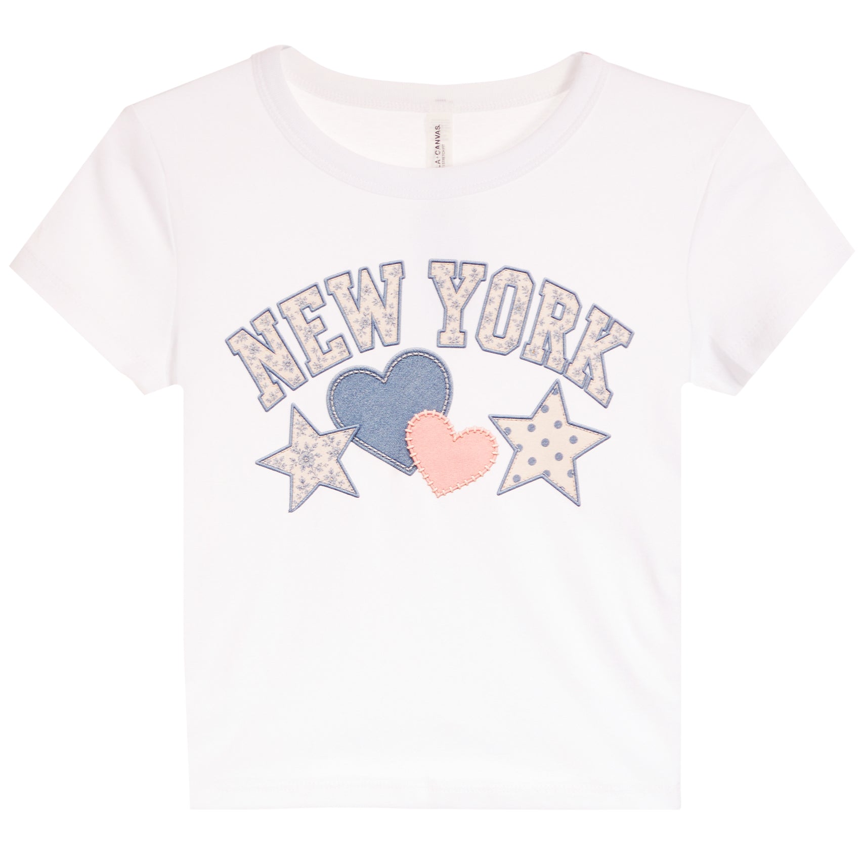 A white short-sleeve kids' t-shirt featuring a 'NEW YORK' graphic on the front with three hearts and stars in light blue, pink, and white.