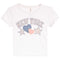 A white short-sleeve kids' t-shirt featuring a 'NEW YORK' graphic on the front with three hearts and stars in light blue, pink, and white.