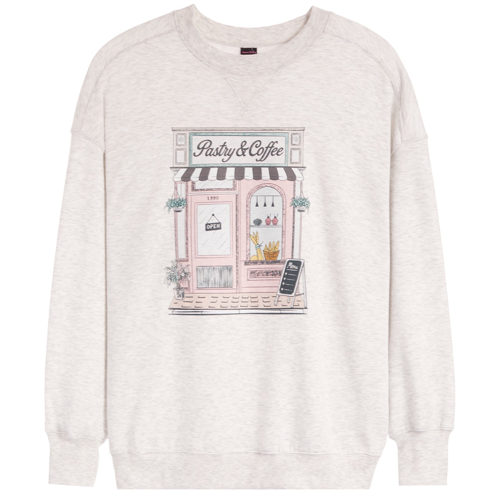 A light heather gray crewneck sweatshirt featuring a central graphic illustration of a pink 'Pastry & Coffee' storefront with a black-and-white striped awning.