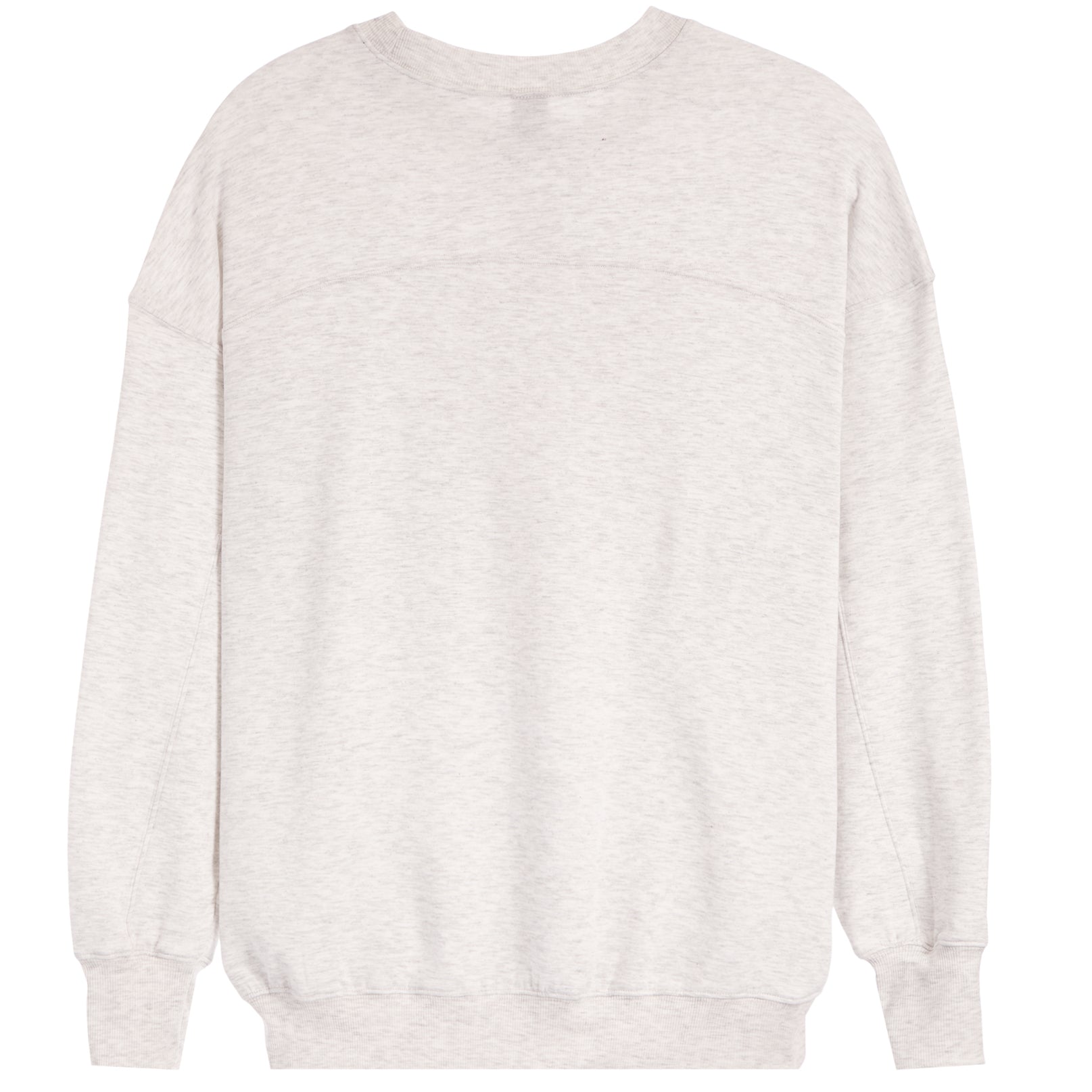 A light heather gray crewneck sweatshirt with long sleeves and ribbed cuffs and hem, shown flat against a white background.