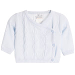 A white knit baby cardigan with a crossover V-neck, cable knit pattern, and three light blue buttons, shown on a plain white background.