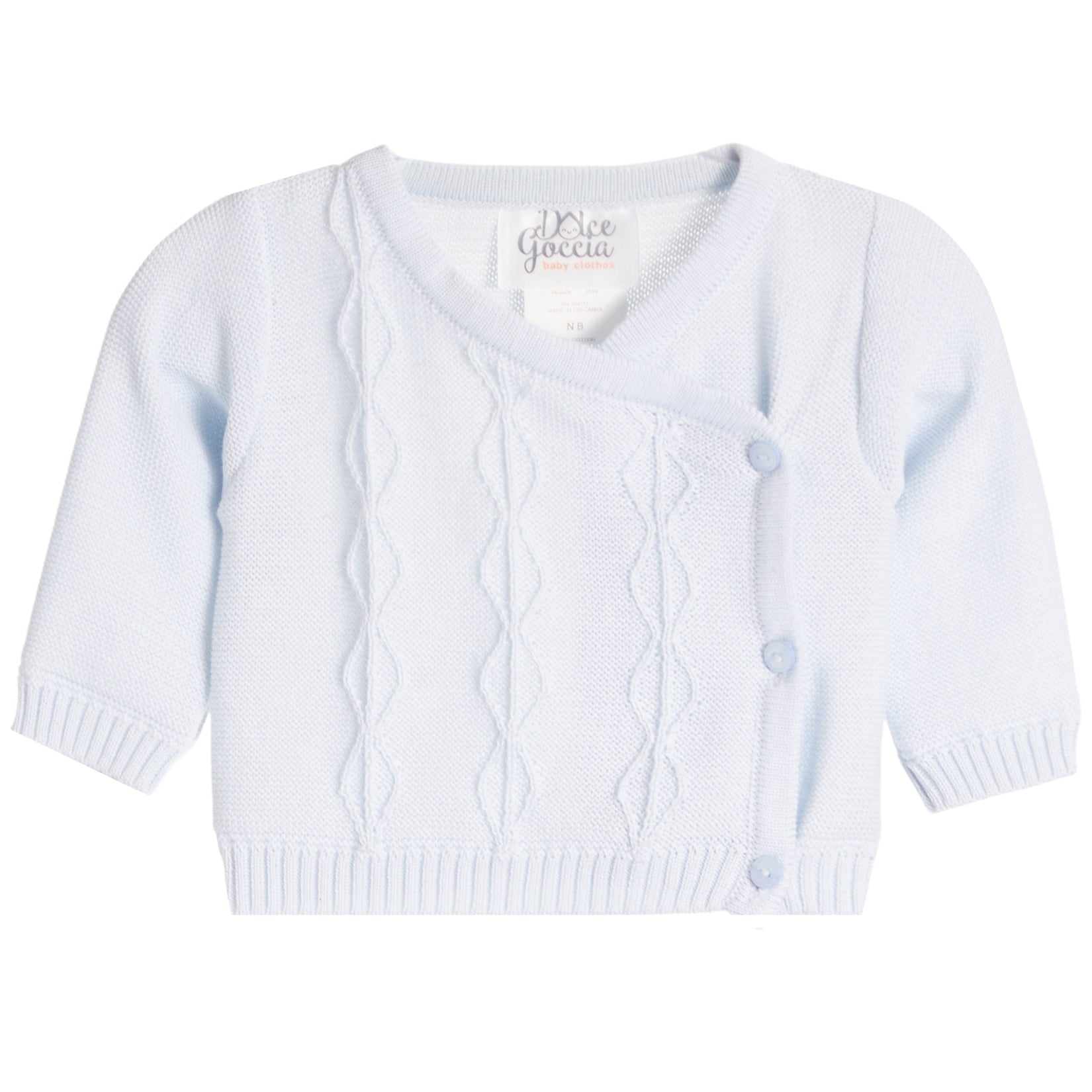 A white knit baby cardigan with a crossover V-neck, cable knit pattern, and three light blue buttons, shown on a plain white background.