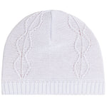 A white knit beanie hat featuring a textured cable-knit pattern and a ribbed brim, shown against a plain white background.
