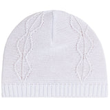 A white knit beanie hat featuring a textured cable-knit pattern and a ribbed brim, shown against a plain white background.