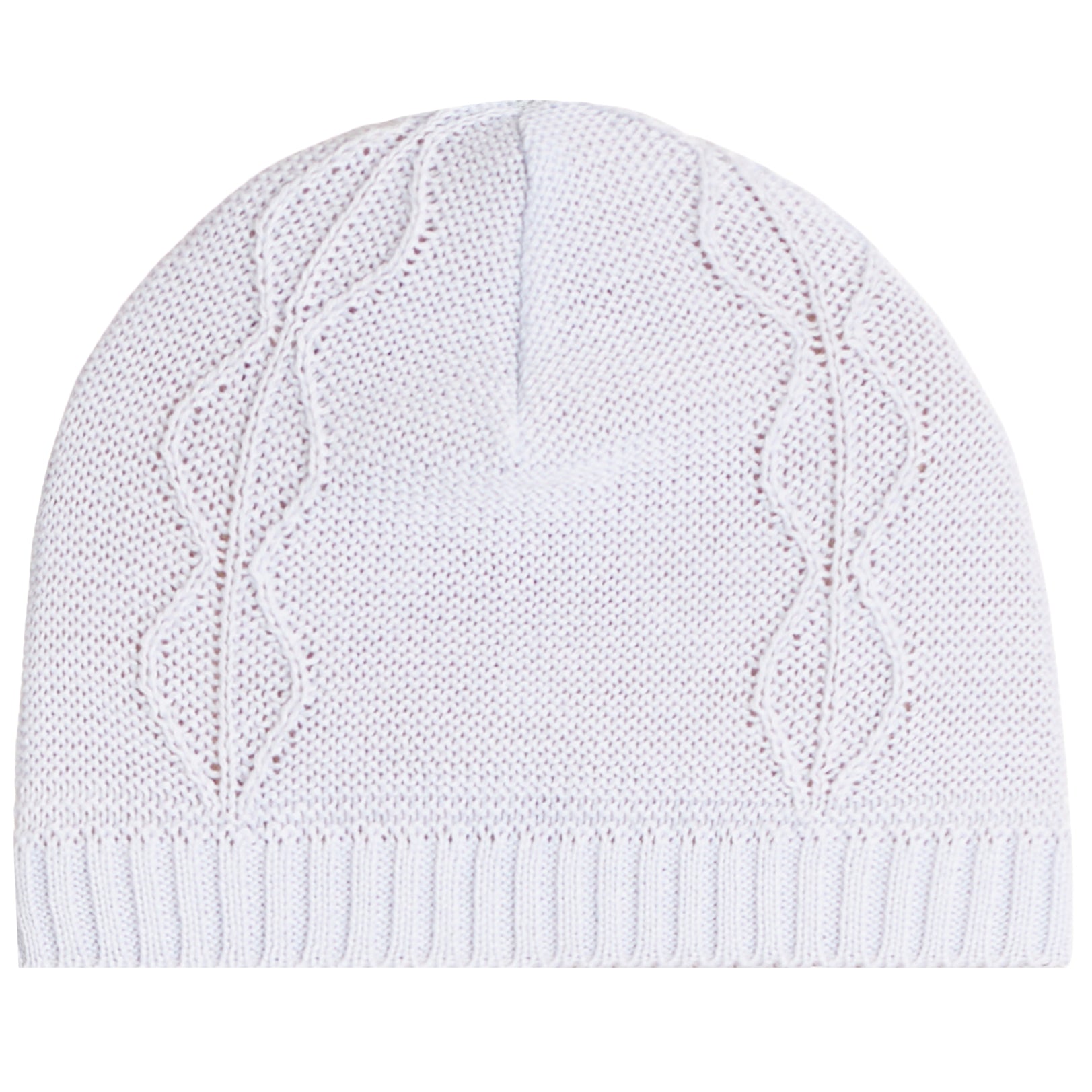 A white knit beanie hat featuring a textured cable-knit pattern and a ribbed brim, shown against a plain white background.