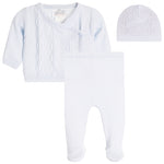 A three-piece baby knit outfit set in white, including a short-sleeve button-front cardigan, footed one-piece pants, and a matching beanie, shown on a plain white background.