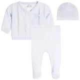 A three-piece baby knit outfit set in white, including a short-sleeve button-front cardigan, footed one-piece pants, and a matching beanie, shown on a plain white background.