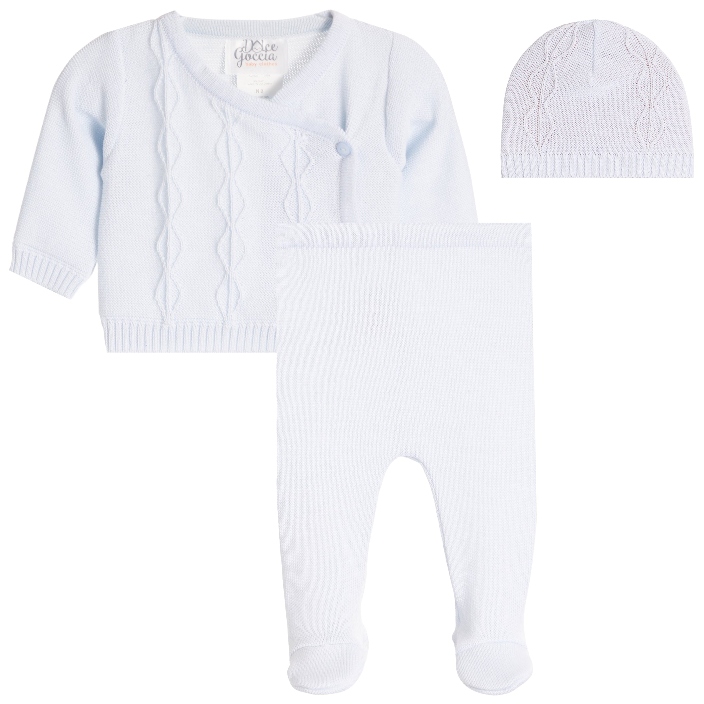 A three-piece baby knit outfit set in white, including a short-sleeve button-front cardigan, footed one-piece pants, and a matching beanie, shown on a plain white background.