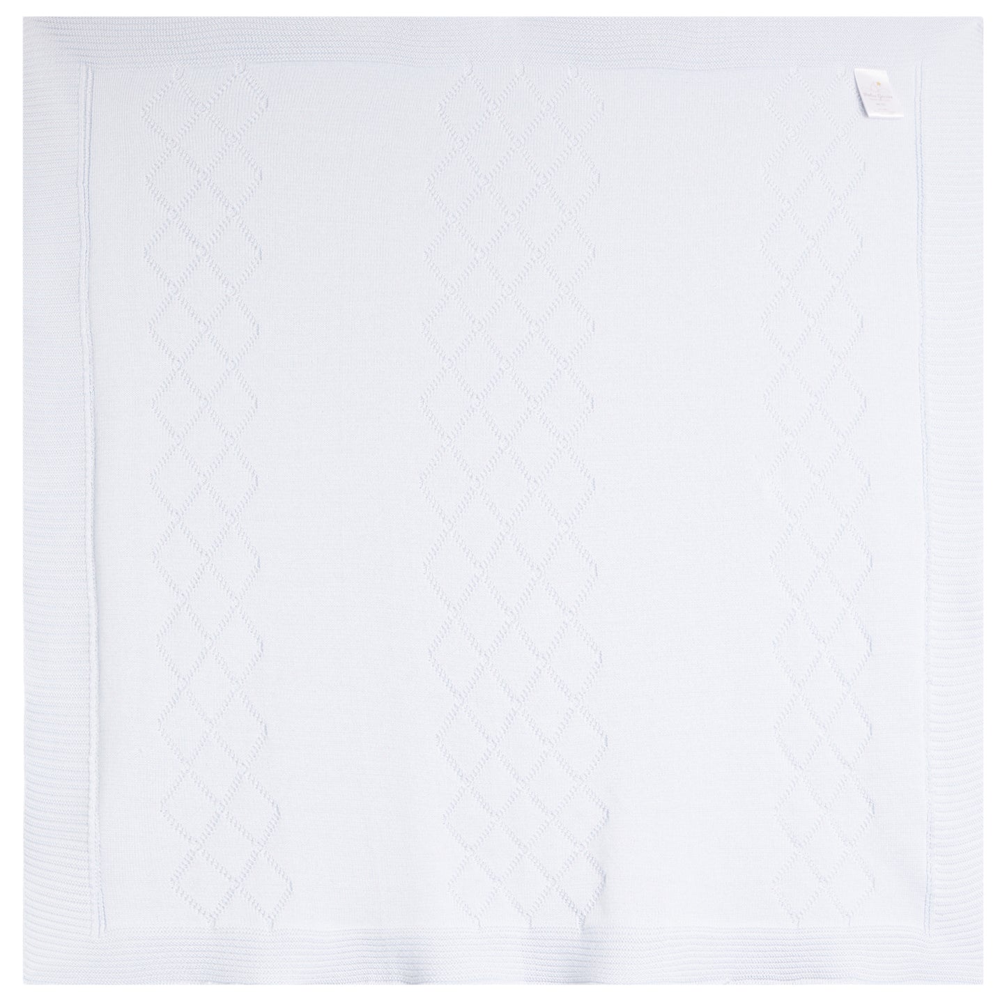 A light blue baby blanket with a subtle diamond-quilted pattern and a ribbed border, shown flat against a white background.