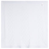 A light blue baby blanket with a subtle diamond-quilted pattern and a ribbed border, shown flat against a white background.