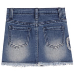 Back view of a blue denim mini skirt with a frayed hem, featuring two back pockets and a distressed wash on a white background.