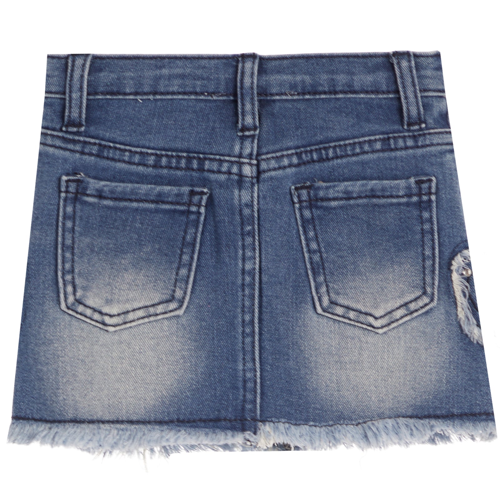 Back view of a blue denim mini skirt with a frayed hem, featuring two back pockets and a distressed wash on a white background.