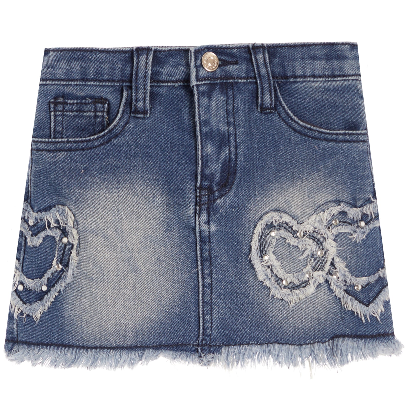 A blue denim mini skirt with a frayed hem, featuring distressed heart-shaped patches embellished with rhinestones on the front left and right sides.