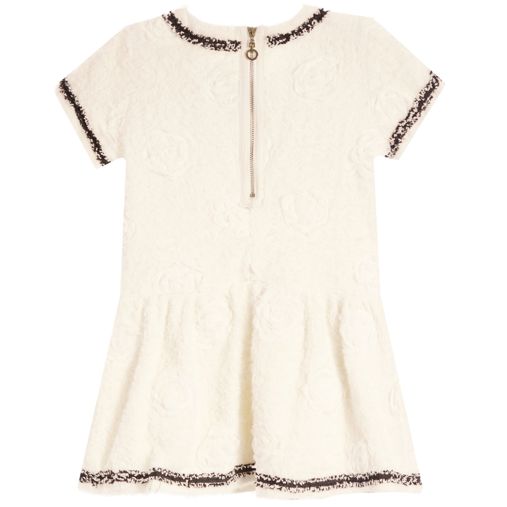 An off-white short-sleeve dress with a textured floral jacquard pattern, featuring dark brown and gold sequined trim along the neckline, sleeve cuffs, and hem, and a central gold zipper.