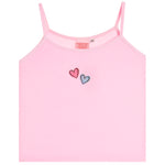 A light pink ribbed camisole tank top with thin spaghetti straps, featuring two small hearts on the chest (one pink, one blue) on a solid white background.