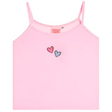 A light pink ribbed camisole tank top with thin spaghetti straps, featuring two small hearts on the chest (one pink, one blue) on a solid white background.