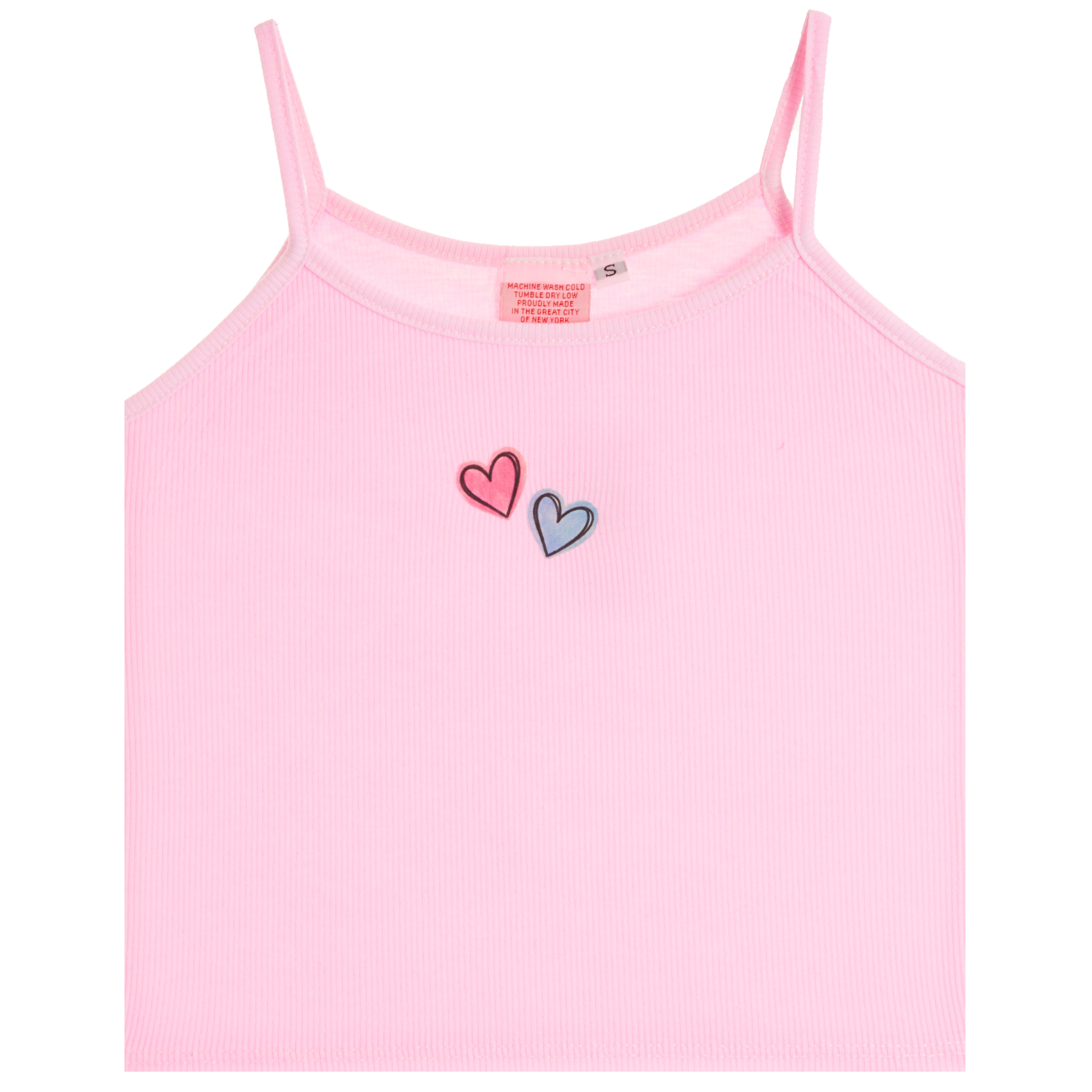 A light pink ribbed camisole tank top with thin spaghetti straps, featuring two small hearts on the chest (one pink, one blue) on a solid white background.