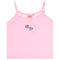 A light pink ribbed camisole tank top with thin spaghetti straps, featuring two small hearts on the chest (one pink, one blue) on a solid white background.