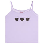 A light purple ribbed camisole tank top with three black hearts across the chest, displayed flat against a white background.