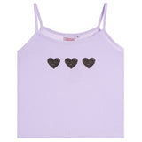 A light purple ribbed camisole tank top with three black hearts across the chest, displayed flat against a white background.