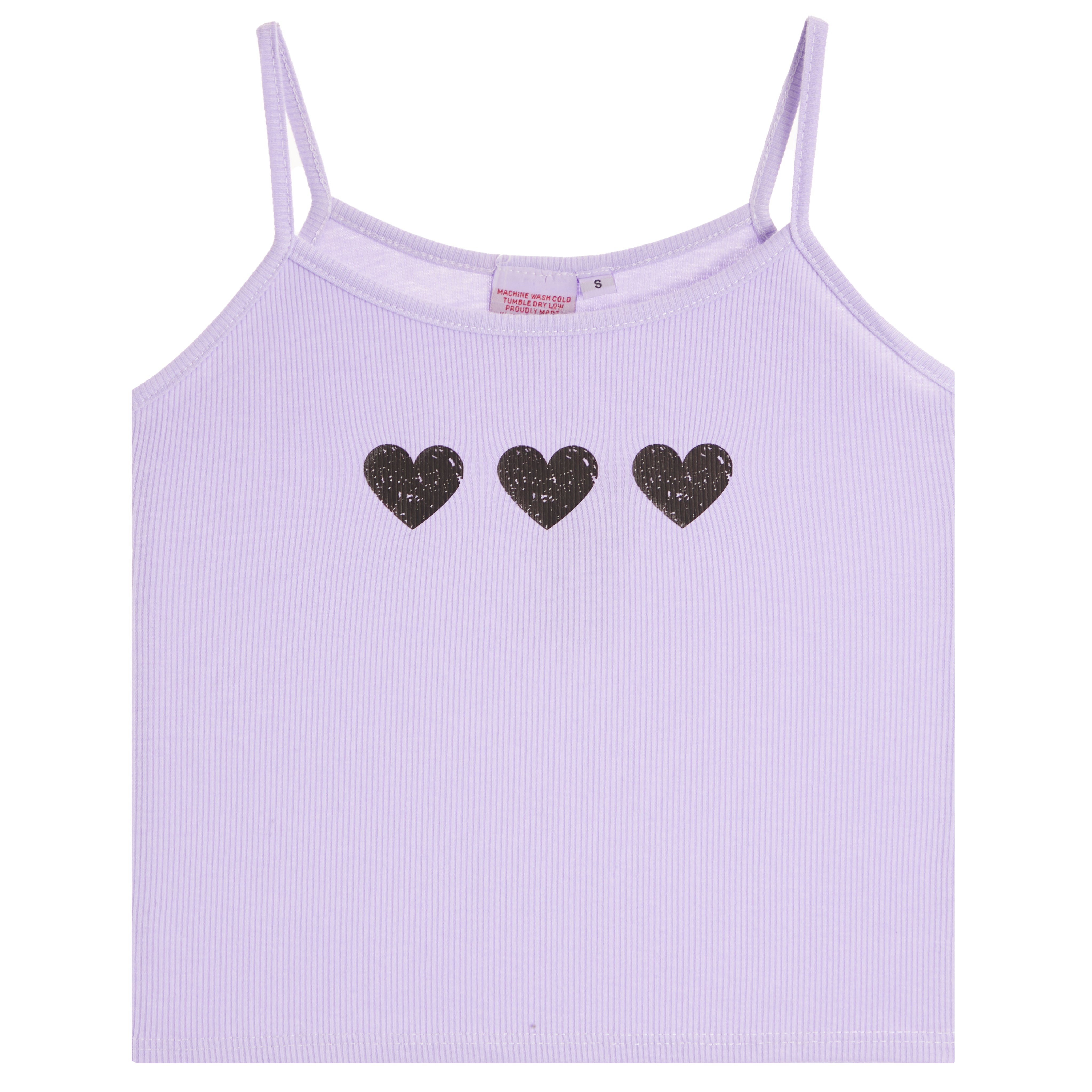 A light purple ribbed camisole tank top with three black hearts across the chest, displayed flat against a white background.