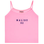 A pink ribbed camisole crop top with thin straps and 'MALIBU 82' printed in navy blue on the chest, shown against a plain white background.