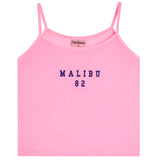 A pink ribbed camisole crop top with thin straps and 'MALIBU 82' printed in navy blue on the chest, shown against a plain white background.