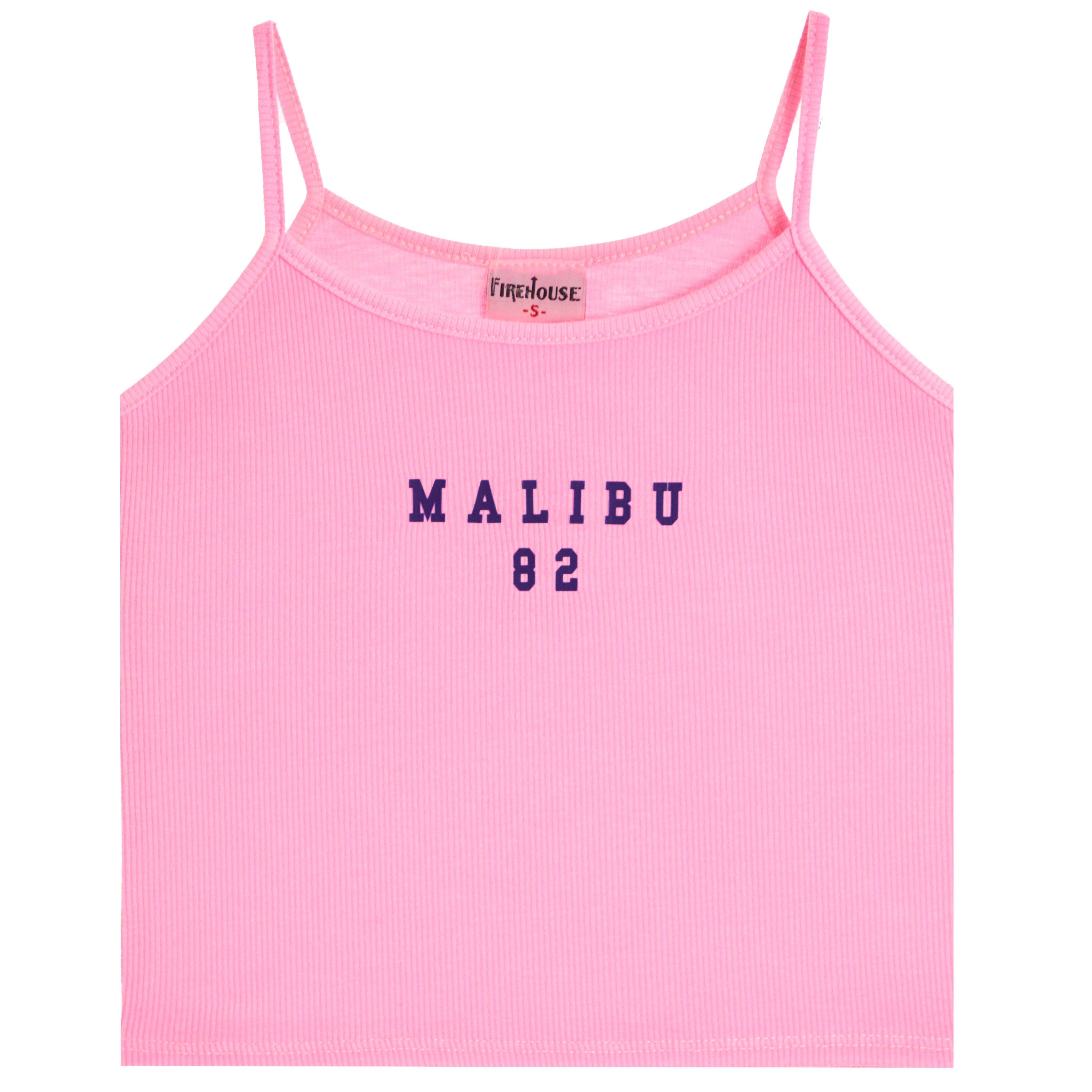 A pink ribbed camisole crop top with thin straps and 'MALIBU 82' printed in navy blue on the chest, shown against a plain white background.