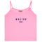 A pink ribbed camisole crop top with thin straps and 'MALIBU 82' printed in navy blue on the chest, shown against a plain white background.