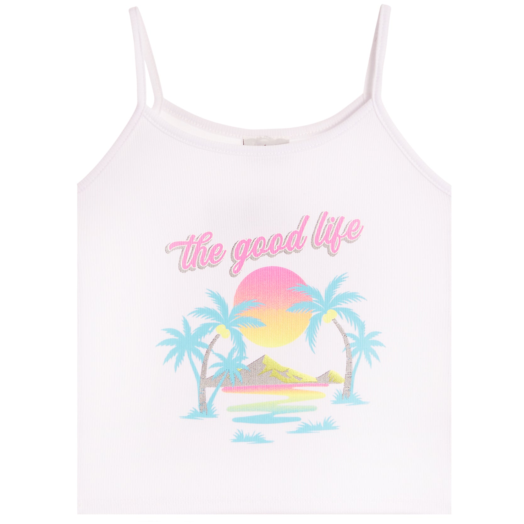A white spaghetti-strap camisole tank top featuring a retro-style tropical graphic with palm trees, a pink and yellow sunset, and the text 'the good life' in pink script across the chest.