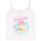 A white spaghetti-strap camisole tank top featuring a retro-style tropical graphic with palm trees, a pink and yellow sunset, and the text 'the good life' in pink script across the chest.