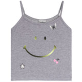 A light gray ribbed knit camisole tank top featuring a smiley face design with a metallic gold gradient, a small white butterfly, a pink cherry, and a white star on a plain white background.