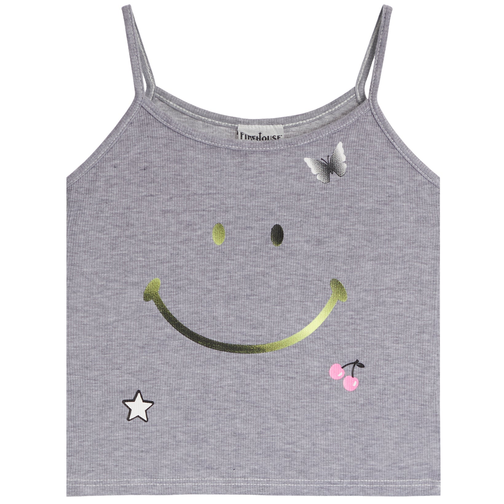 A light gray ribbed knit camisole tank top featuring a smiley face design with a metallic gold gradient, a small white butterfly, a pink cherry, and a white star on a plain white background.