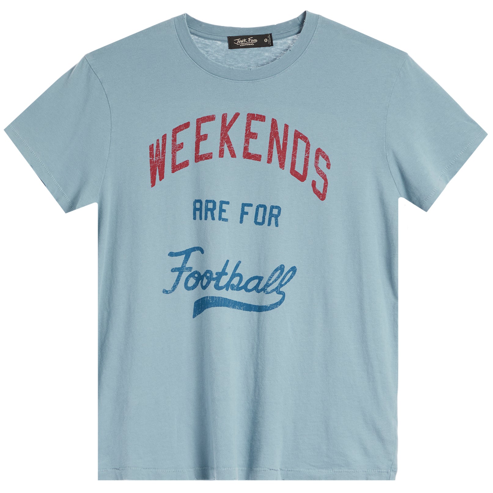 A light blue short-sleeve crewneck t-shirt with a distressed graphic print reading 'WEEKENDS ARE FOR Football' in red and blue lettering.
