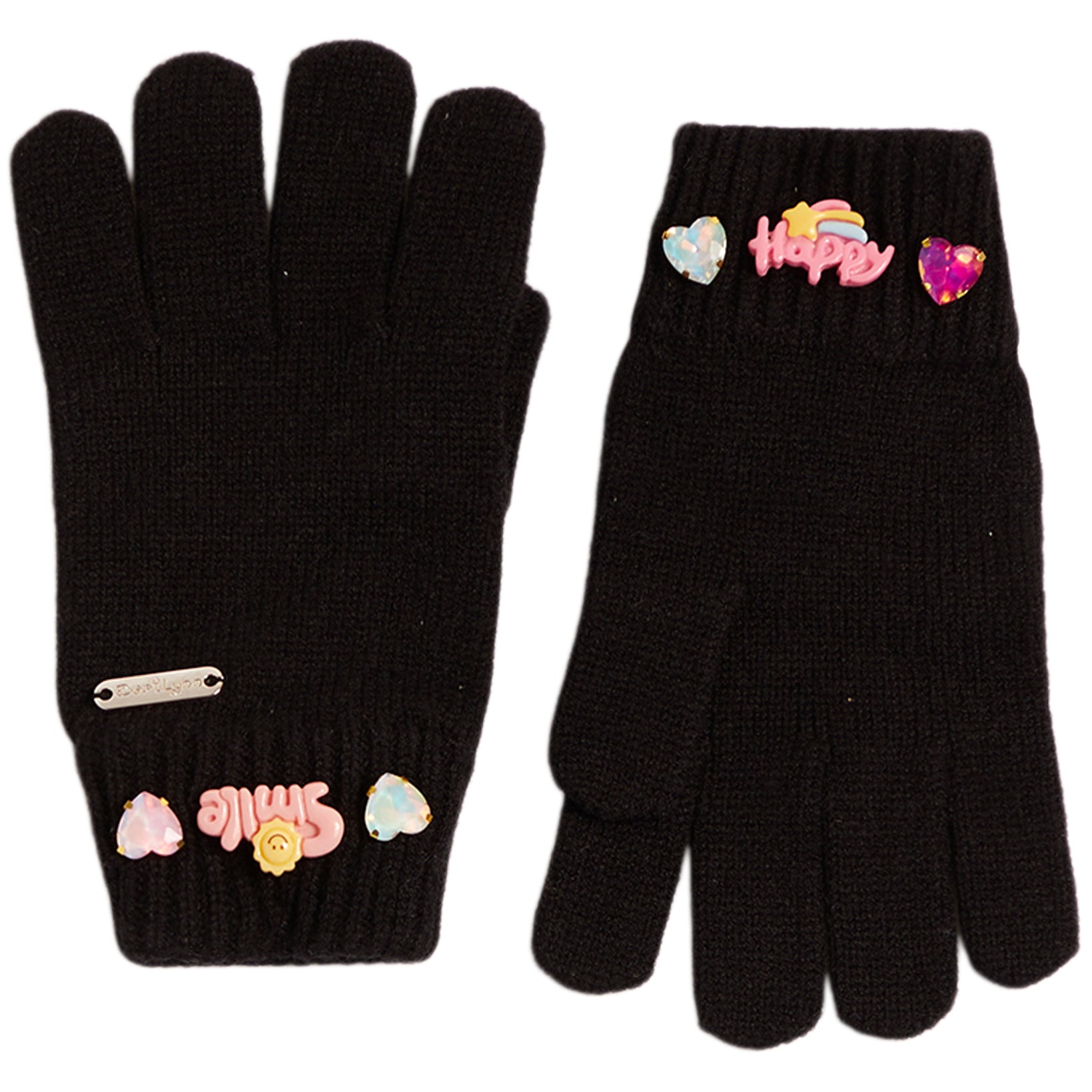 A pair of black knit gloves with colorful decorative patches and charms on the cuffs, shown against a plain white background.