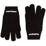 A pair of black knit gloves shown flat against a white background, each featuring a row of colorful round decorative buttons near the cuff.