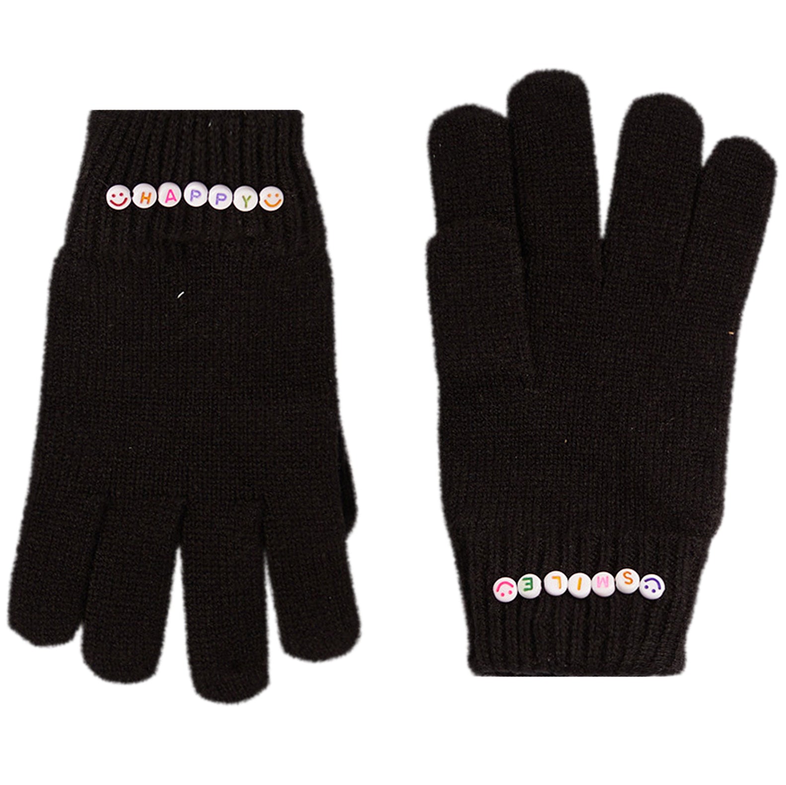 A pair of black knit gloves shown flat against a white background, each featuring a row of colorful round decorative buttons near the cuff.