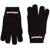 A pair of black knit gloves shown flat against a white background, each featuring a row of colorful round decorative buttons near the cuff.