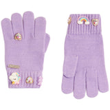 A pair of light purple knit gloves decorated with whimsical charms, including a unicorn, rainbow, hearts, and rhinestone accents, displayed on a clean white background.