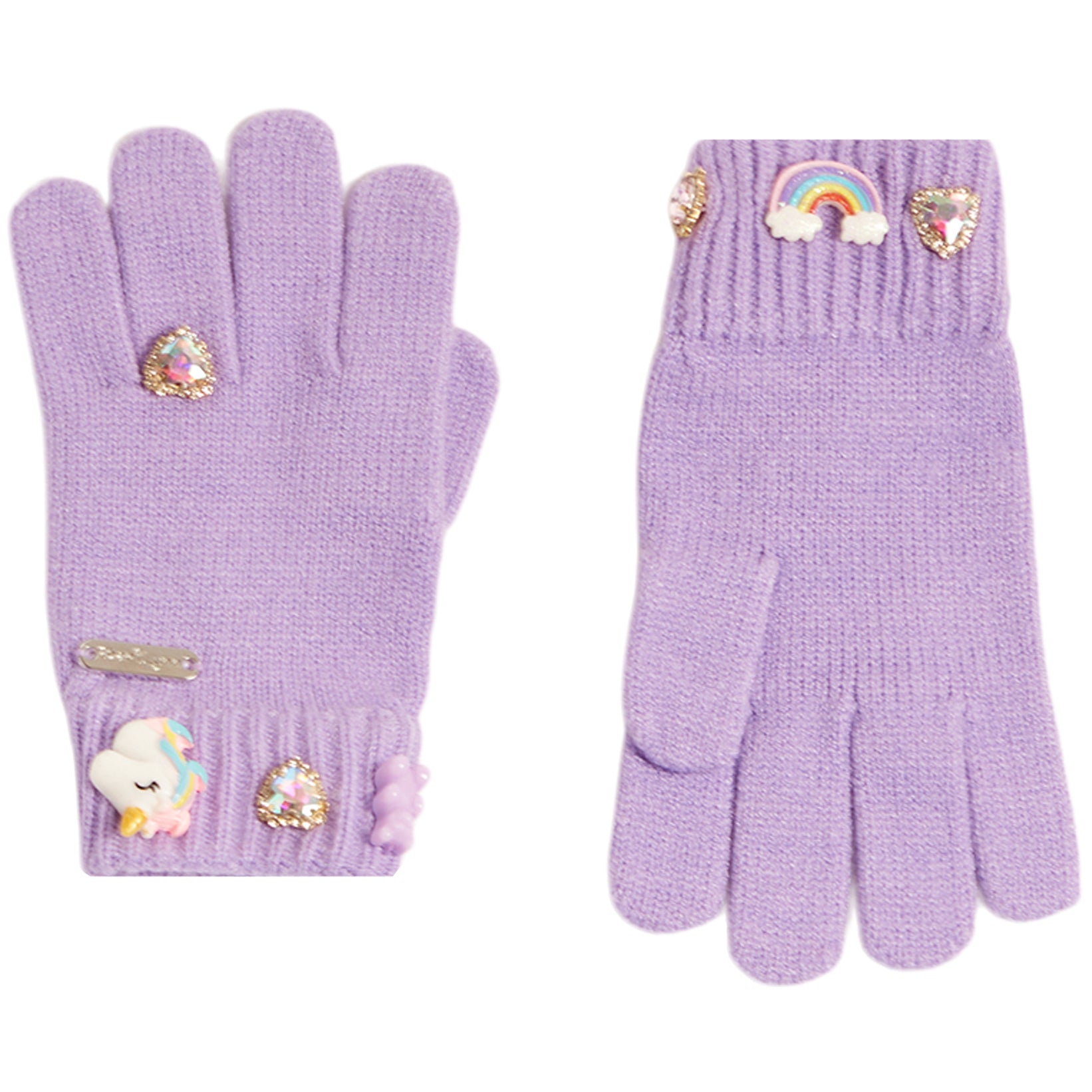 A pair of light purple knit gloves decorated with whimsical charms, including a unicorn, rainbow, hearts, and rhinestone accents, displayed on a clean white background.