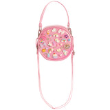 A pink round crossbody bag decorated with various colorful charms, including rainbows, unicorns, hearts, and stars, featuring a matching pink shoulder strap.