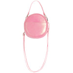 A pink glittery round crossbody bag with a matching thin shoulder strap and a long detachable strap, shown against a plain white background.